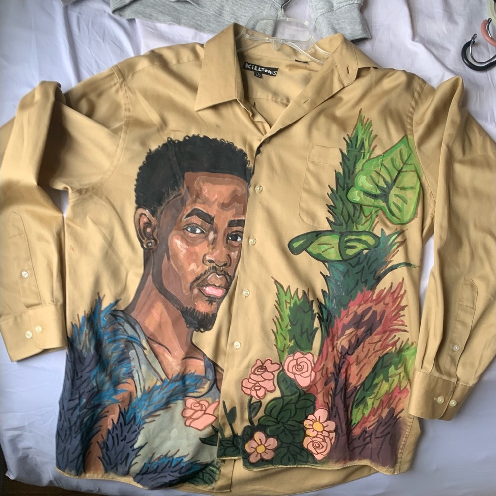 Hand-Painted Beige Men’s Button-Up Shirt Jacket